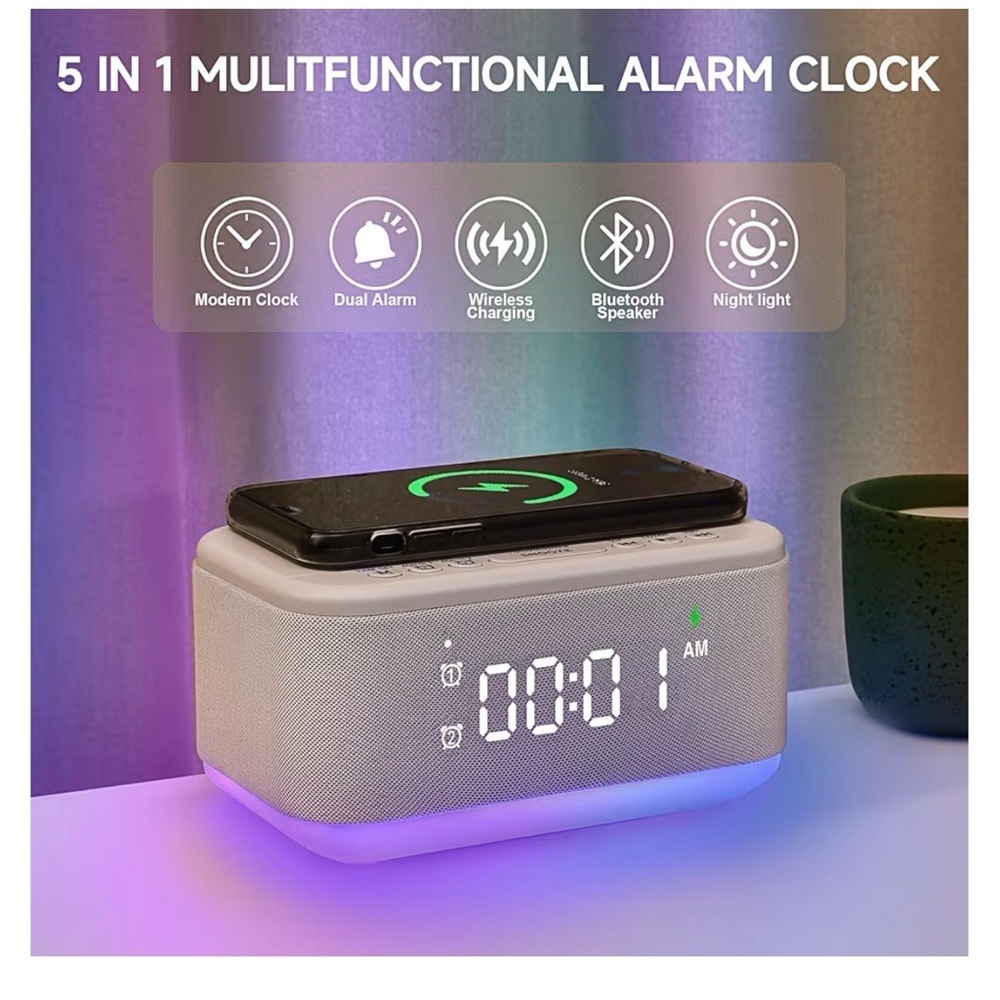 White Wireless Charging Alarm Clock with LED Display - Picture 4 of 10